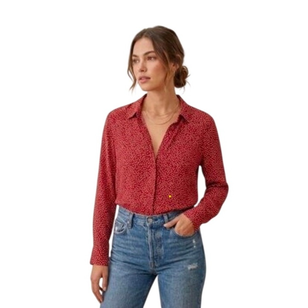 Reformation Red Floral Star Print Viscose Button Down Long Sleeve Blouse Size M